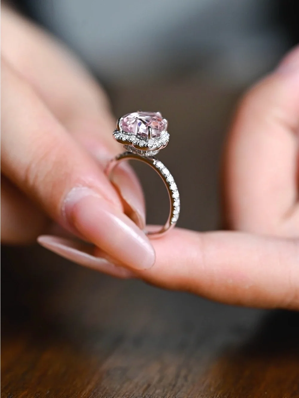 Pink Heart-Cut Halo Ring 14k white gold &  Moissanite.